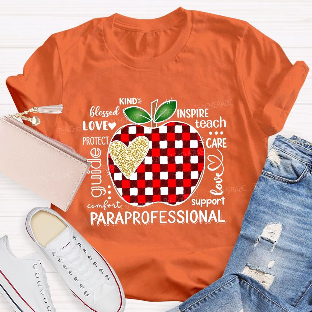 Red Plaid Apple and Gold Heart Paraprofessional Teacher T-shirt