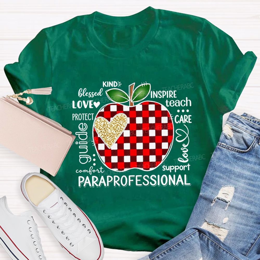Red Plaid Apple and Gold Heart Paraprofessional Teacher T-shirt