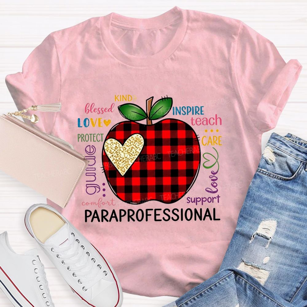 Red Plaid Apple and Gold Heart Paraprofessional Teacher T-shirt