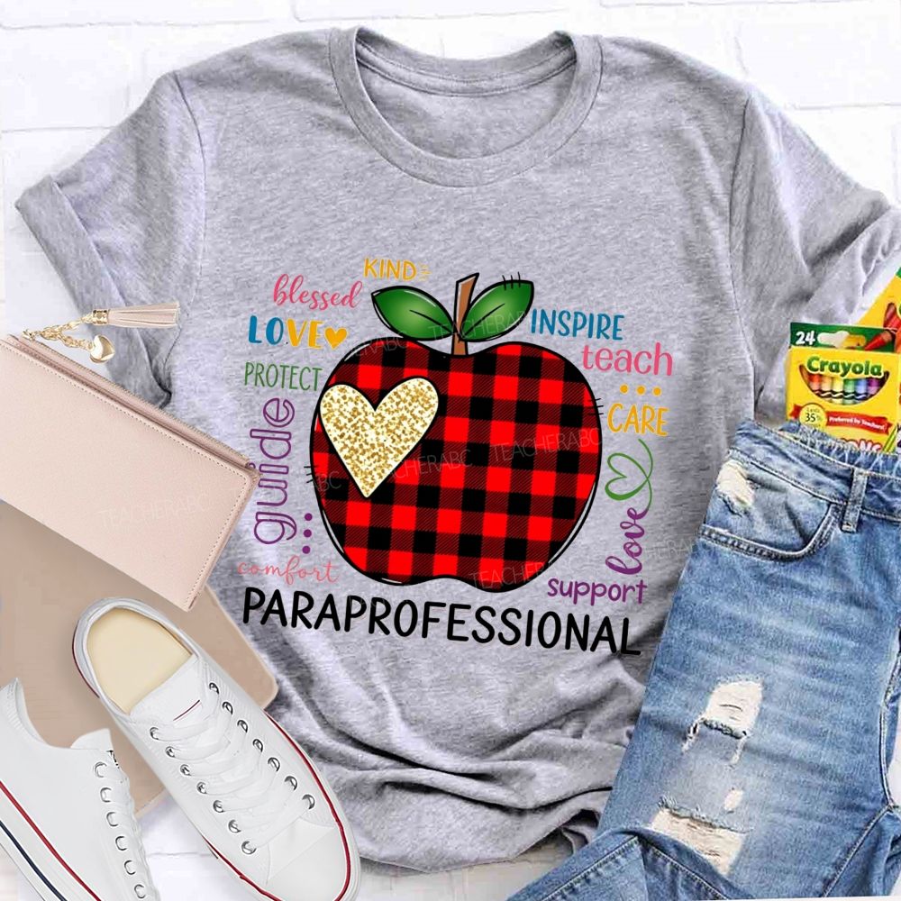 Red Plaid Apple and Gold Heart Paraprofessional Teacher T-shirt