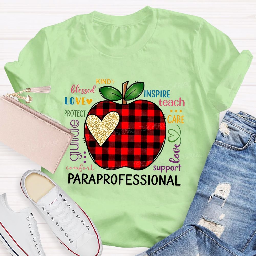 Red Plaid Apple and Gold Heart Paraprofessional Teacher T-shirt