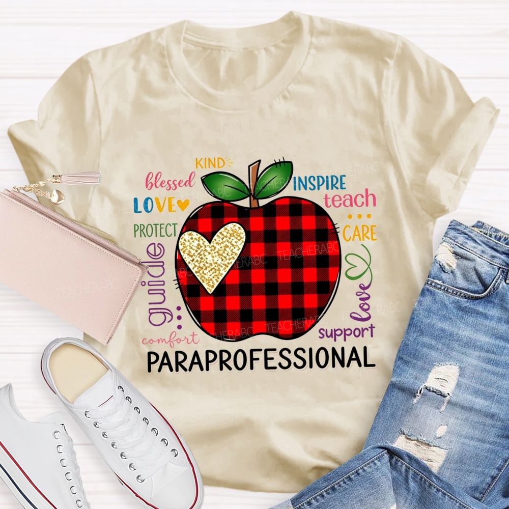 Red Plaid Apple and Gold Heart Paraprofessional Teacher T-shirt