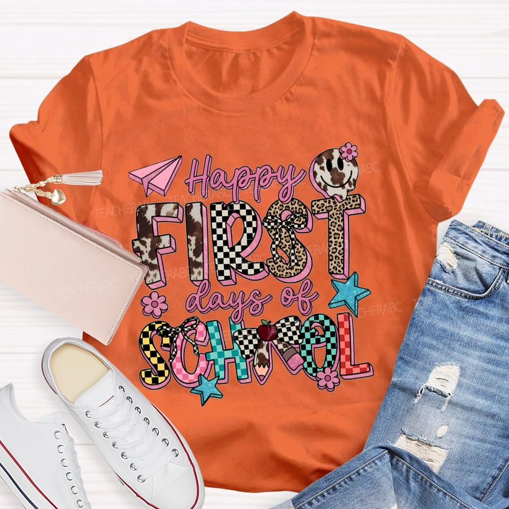 Happy First Days Of School Cow Print Checkered T-shirt