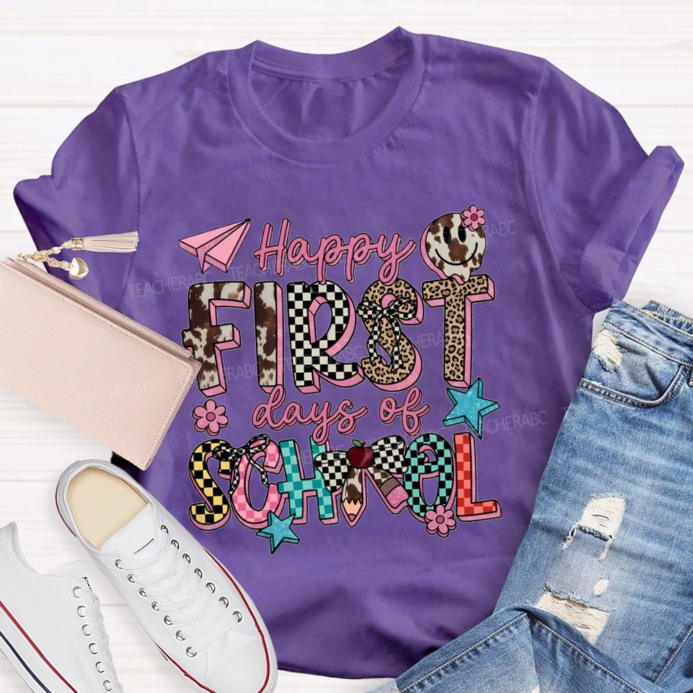 Happy First Days Of School Cow Print Checkered T-shirt
