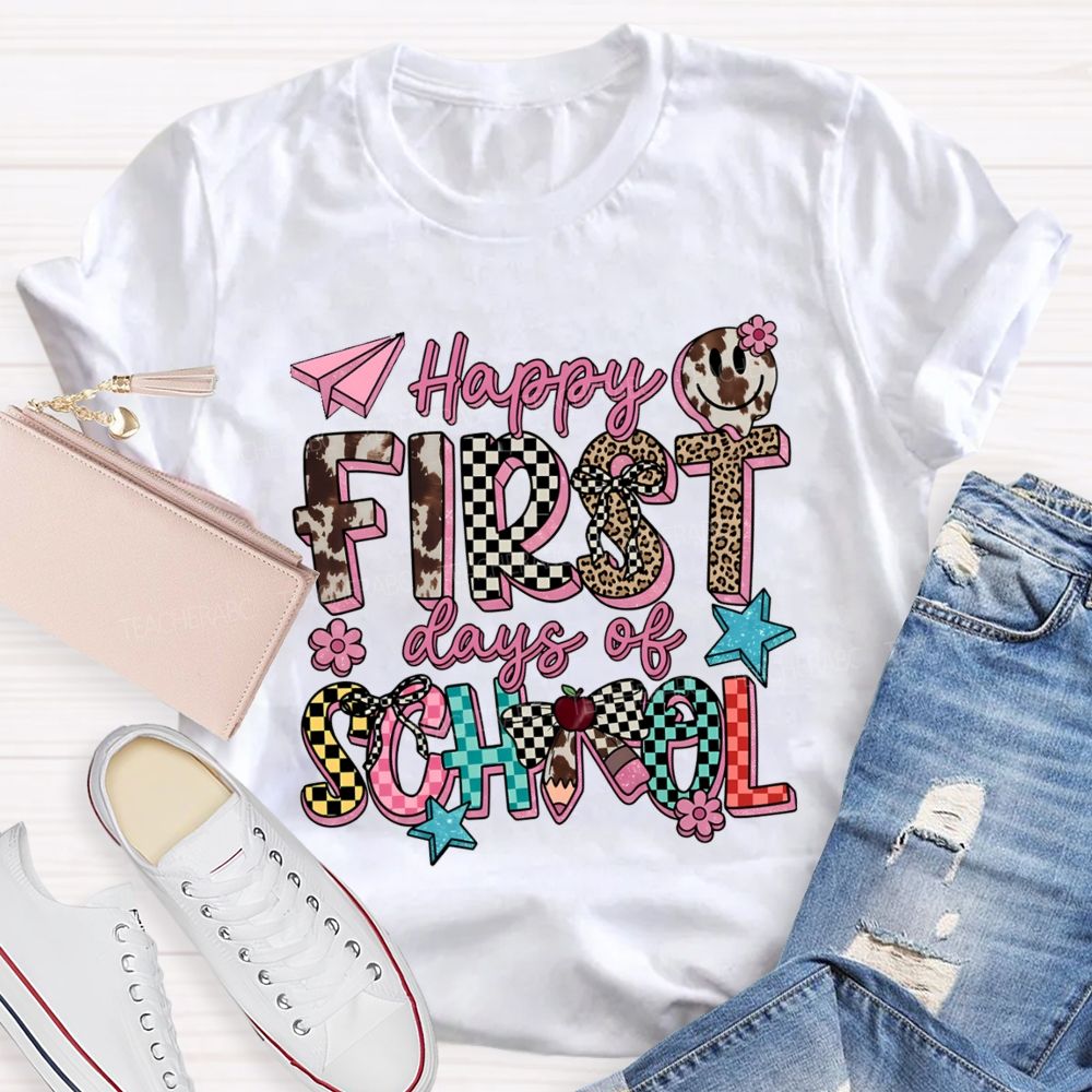 Happy First Days Of School Cow Print Checkered T-shirt