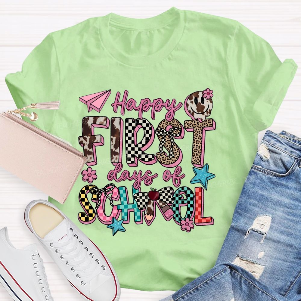 Happy First Days Of School Cow Print Checkered T-shirt