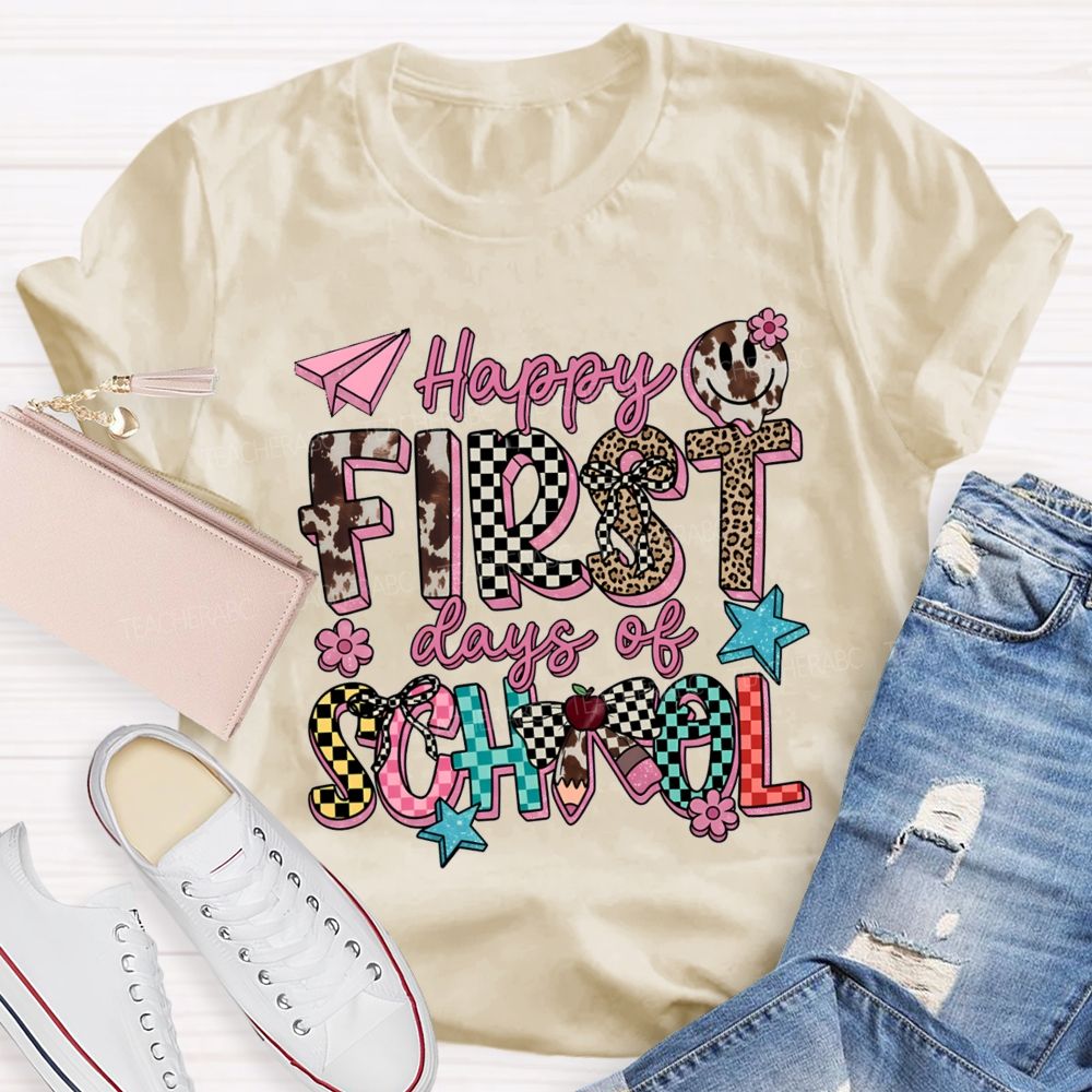 Happy First Days Of School Cow Print Checkered T-shirt