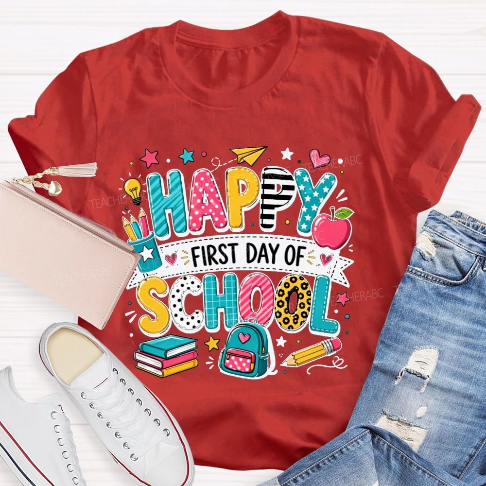 Happy First Day Of School Backpack Apple Pencil Book Cartoon T-shirt