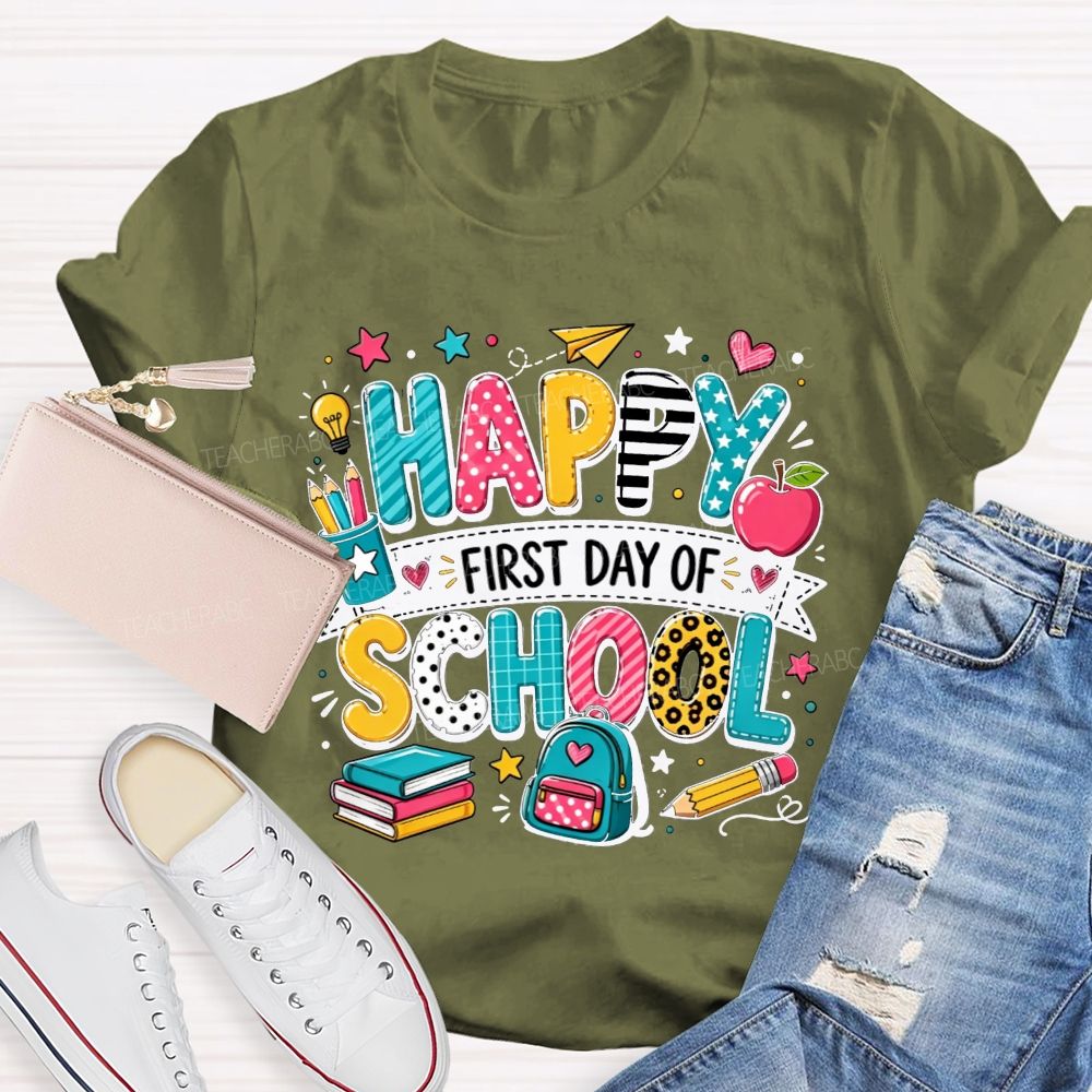 Happy First Day Of School Backpack Apple Pencil Book Cartoon T-shirt