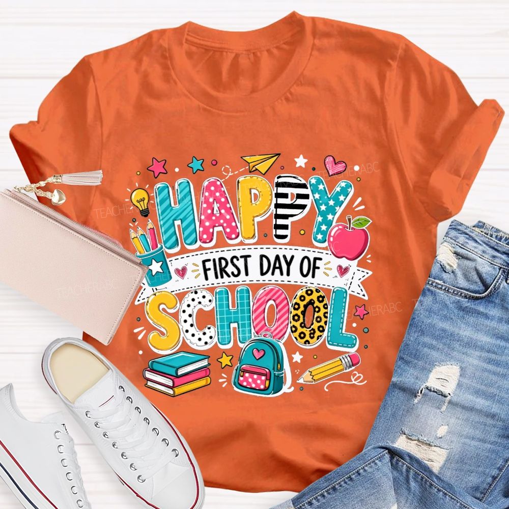 Happy First Day Of School Backpack Apple Pencil Book Cartoon T-shirt