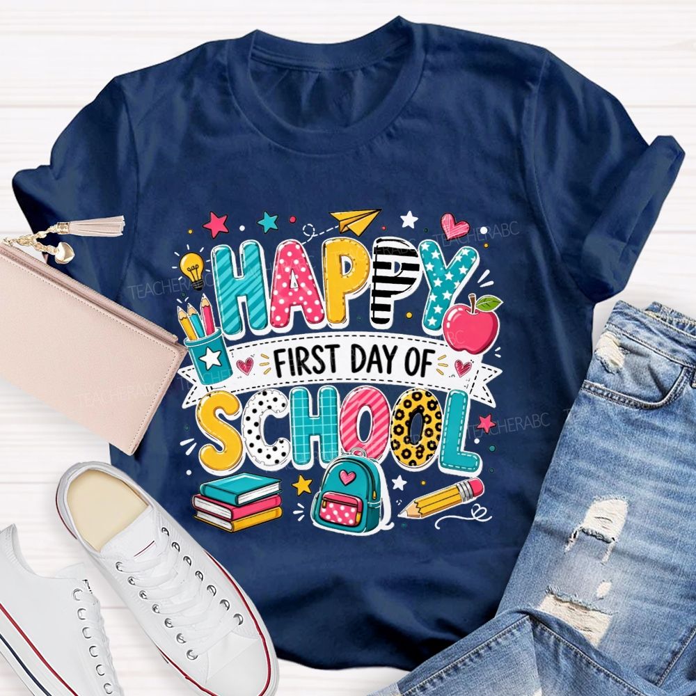 Happy First Day Of School Backpack Apple Pencil Book Cartoon T-shirt