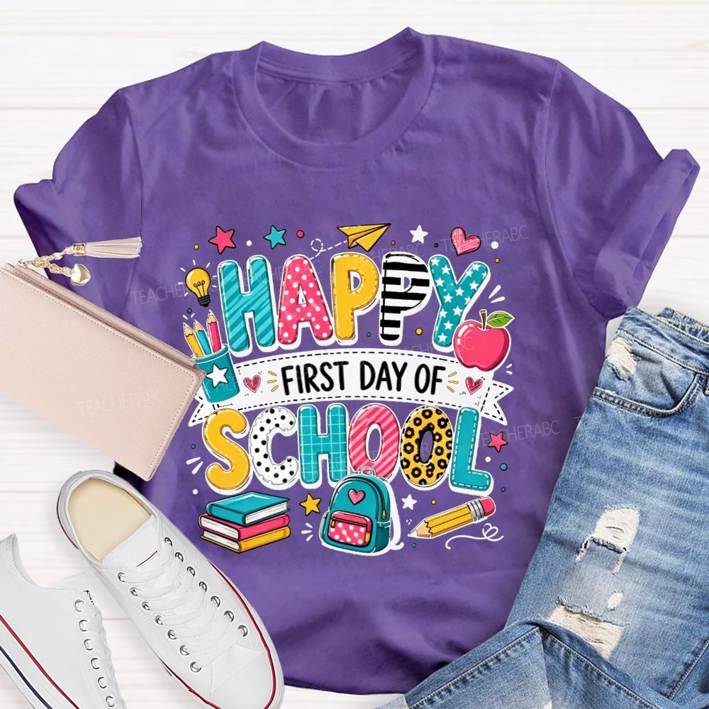 Happy First Day Of School Backpack Apple Pencil Book Cartoon T-shirt