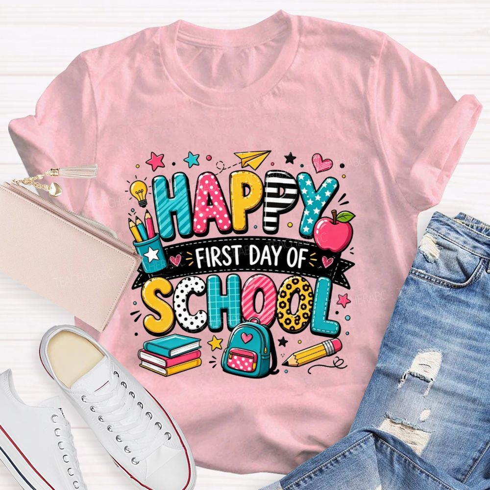 Happy First Day Of School Backpack Apple Pencil Book Cartoon T-shirt