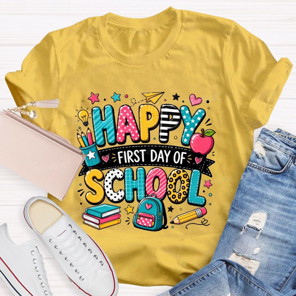 Happy First Day Of School Backpack Apple Pencil Book Cartoon T-shirt