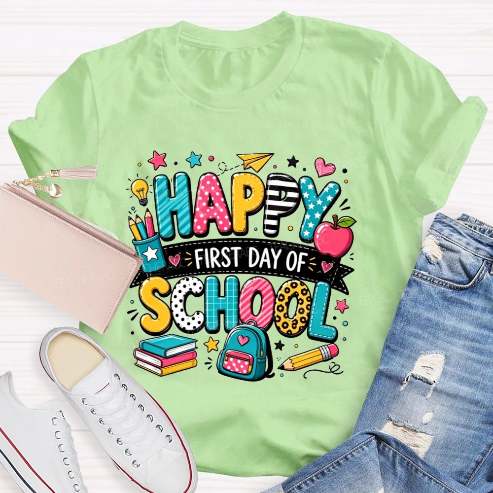 Happy First Day Of School Backpack Apple Pencil Book Cartoon T-shirt