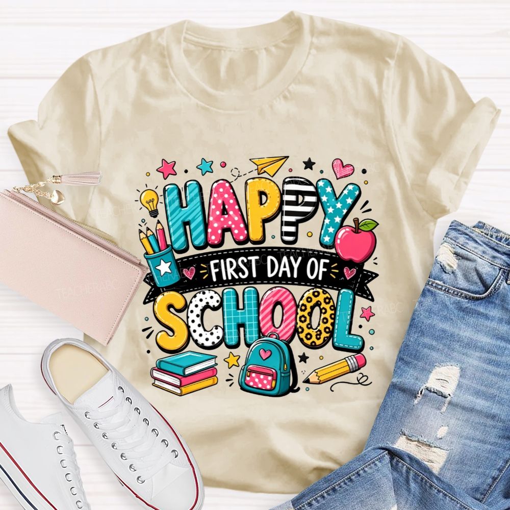 Happy First Day Of School Backpack Apple Pencil Book Cartoon T-shirt