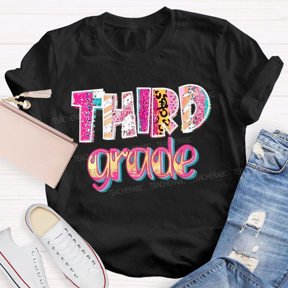 Personalized Grade Glitter Leopard Zebra Print Third Grade Bubble Letter Teacher T-shirt