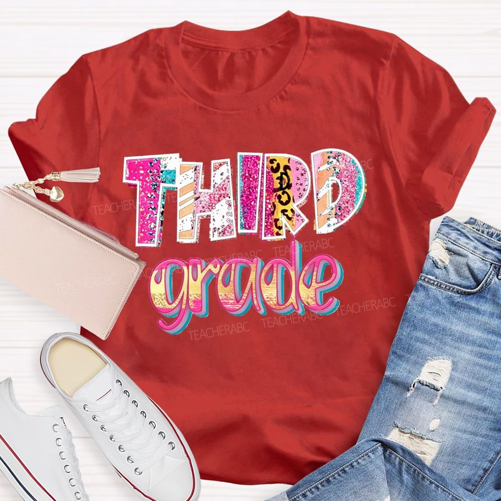 Personalized Grade Glitter Leopard Zebra Print Third Grade Bubble Letter Teacher T-shirt