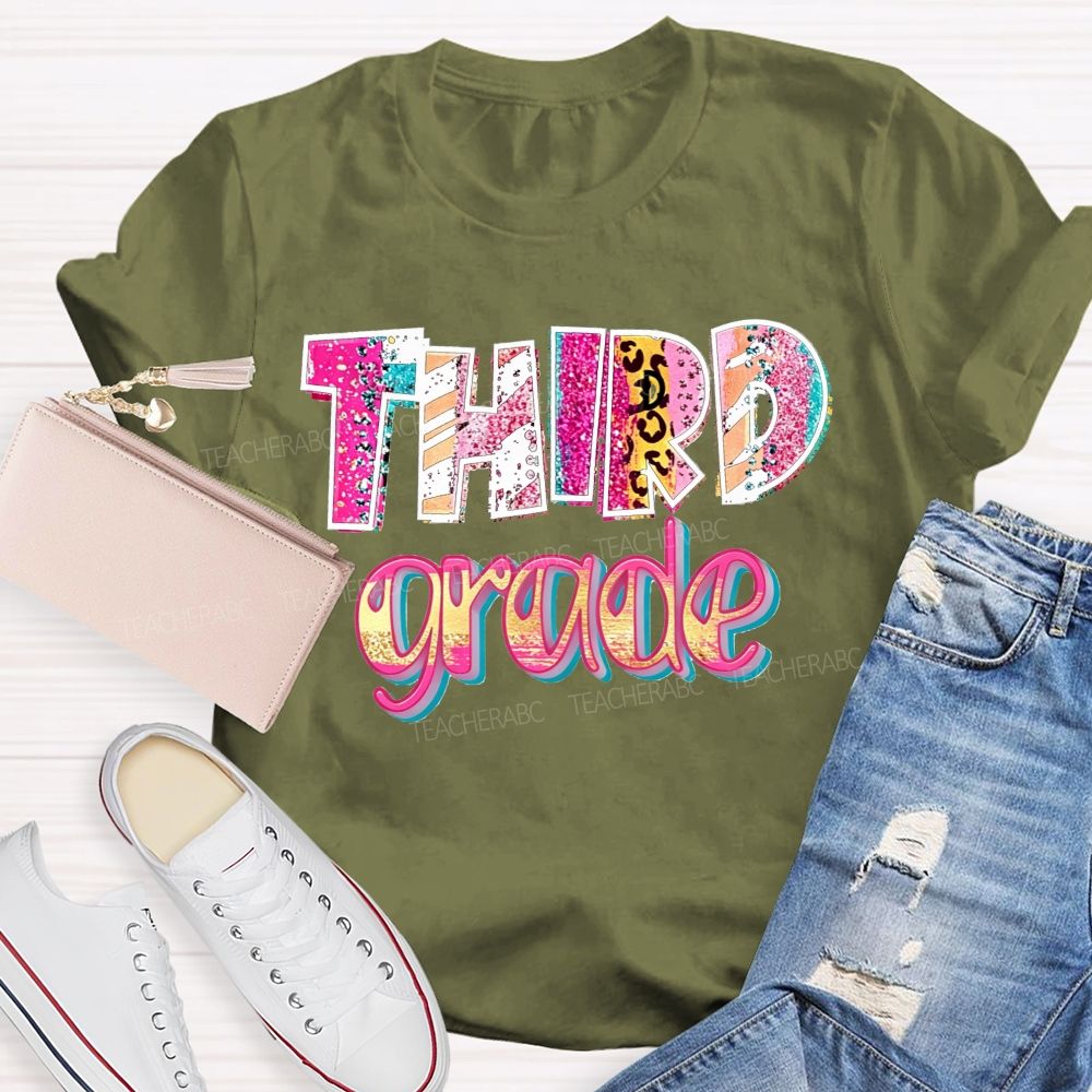 Personalized Grade Glitter Leopard Zebra Print Third Grade Bubble Letter Teacher T-shirt