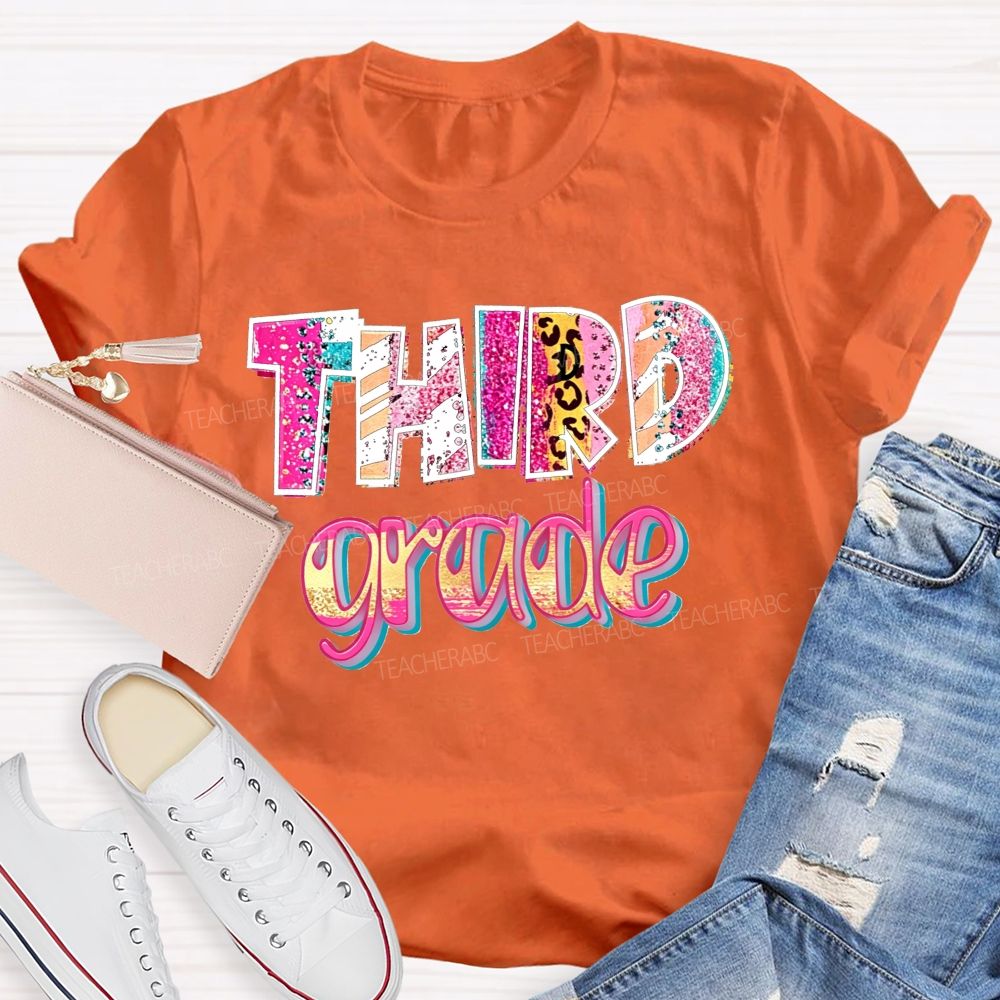 Personalized Grade Glitter Leopard Zebra Print Third Grade Bubble Letter Teacher T-shirt