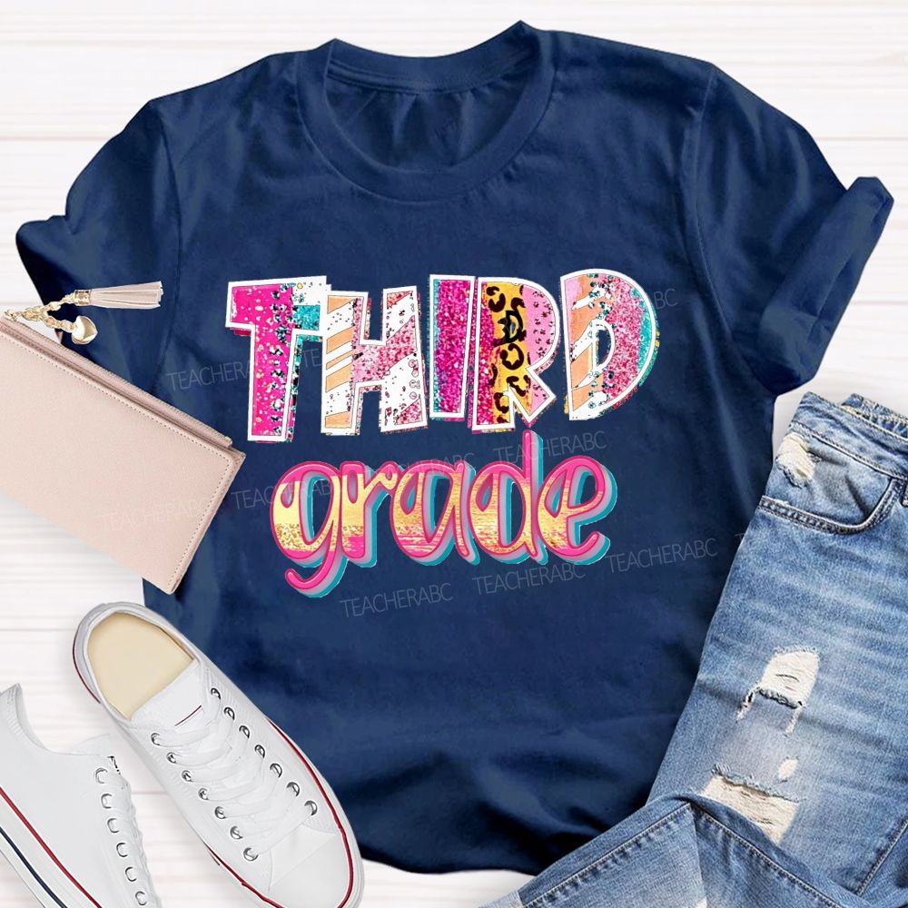 Personalized Grade Glitter Leopard Zebra Print Third Grade Bubble Letter Teacher T-shirt