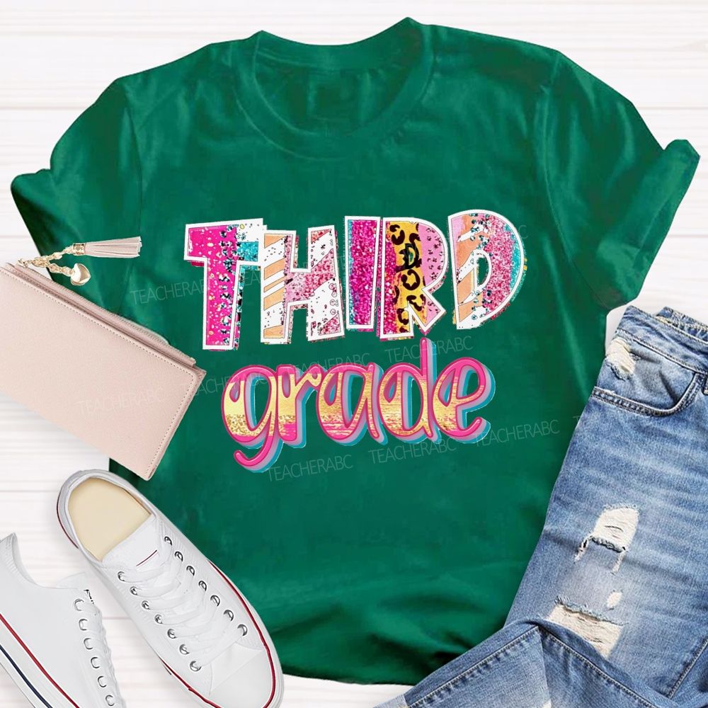 Personalized Grade Glitter Leopard Zebra Print Third Grade Bubble Letter Teacher T-shirt