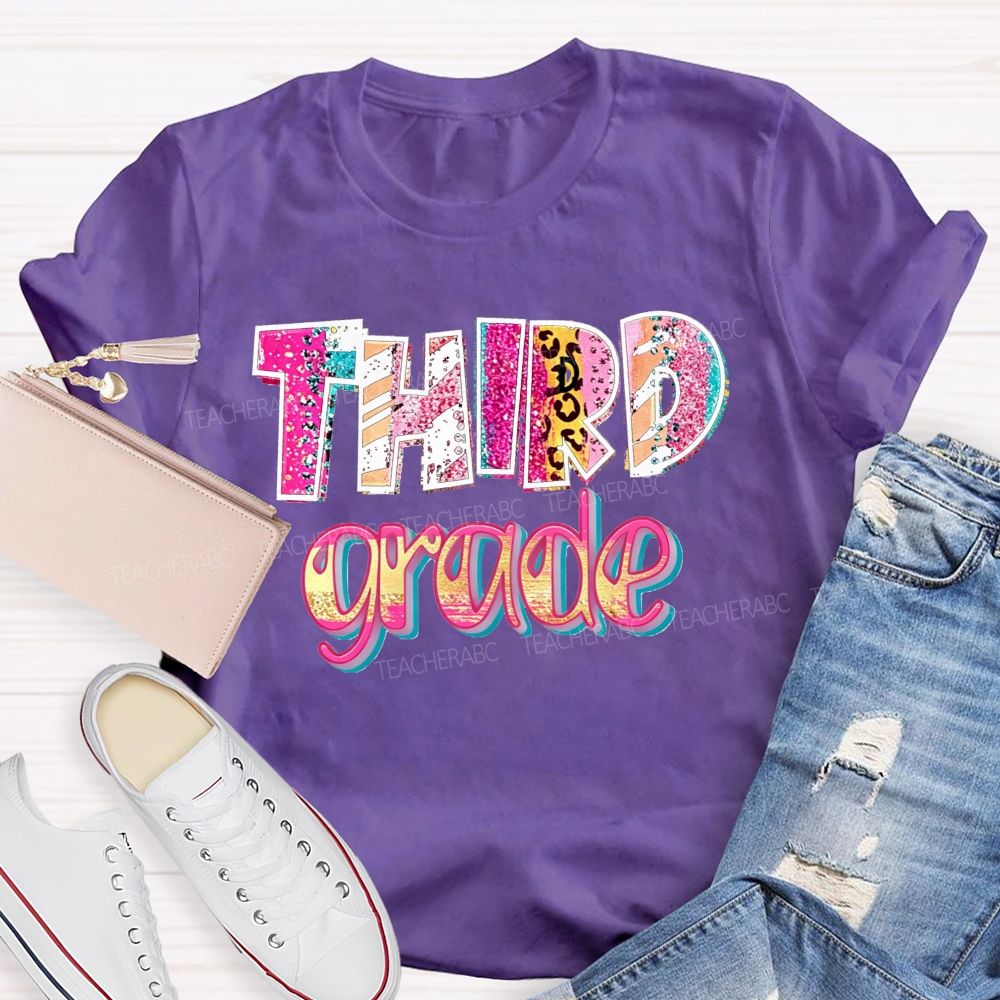 Personalized Grade Glitter Leopard Zebra Print Third Grade Bubble Letter Teacher T-shirt