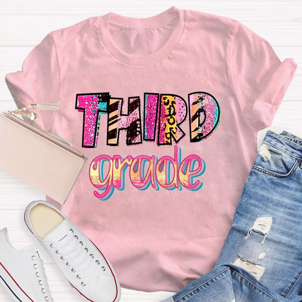 Personalized Grade Glitter Leopard Zebra Print Third Grade Bubble Letter Teacher T-shirt