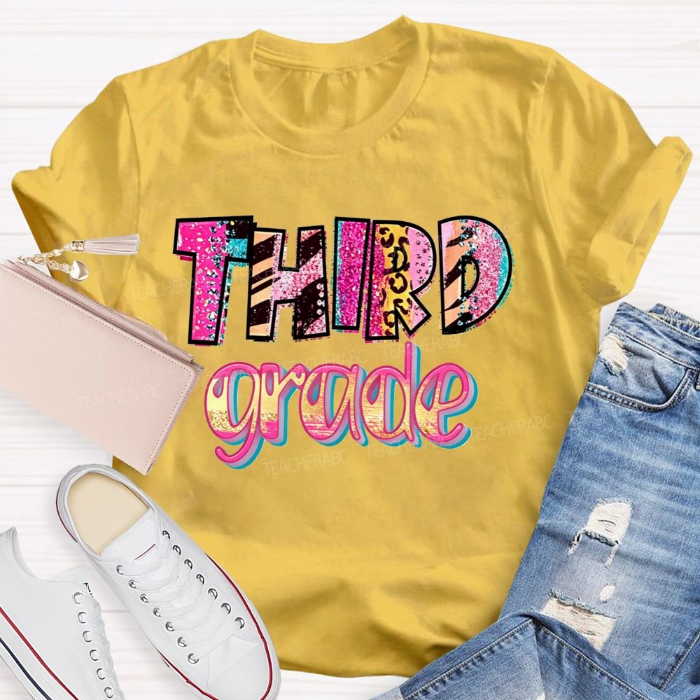Personalized Grade Glitter Leopard Zebra Print Third Grade Bubble Letter Teacher T-shirt