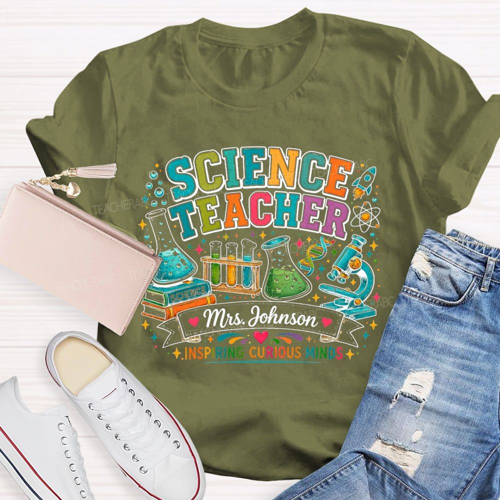 Personalized Name Science Teacher Inspiring Curious Minds Microscope T-shirt