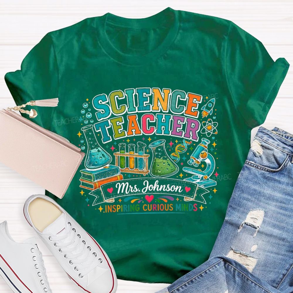 Personalized Name Science Teacher Inspiring Curious Minds Microscope T-shirt