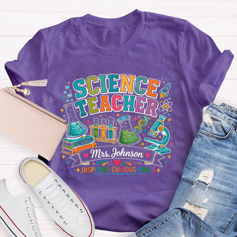 Personalized Name Science Teacher Inspiring Curious Minds Microscope T-shirt