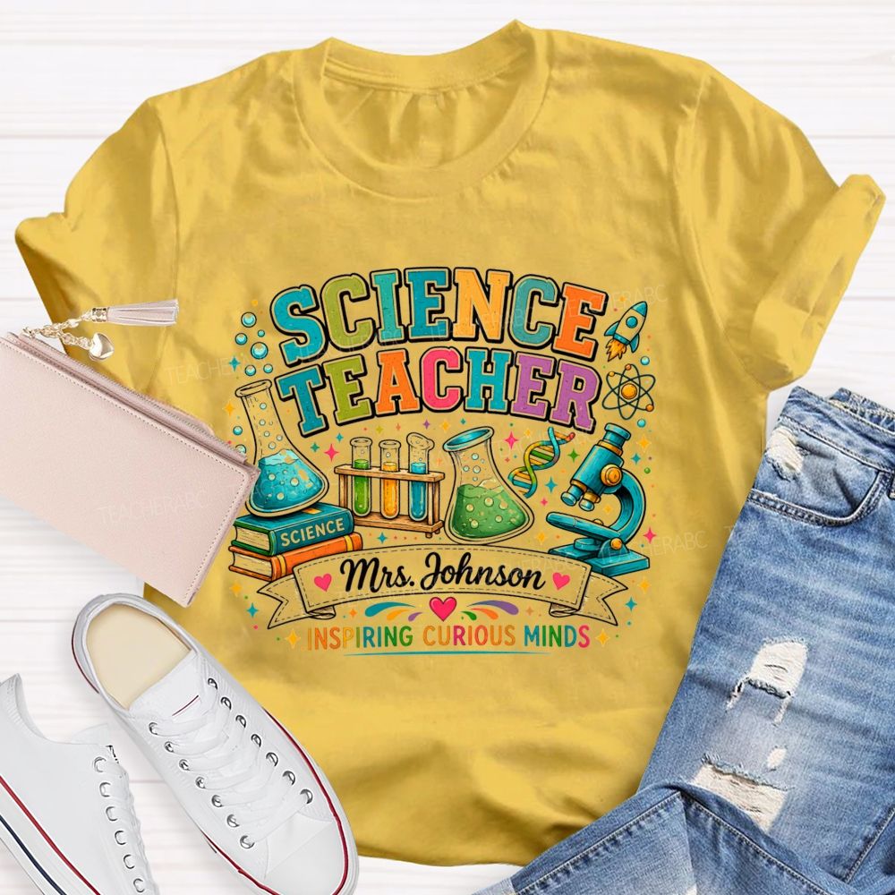 Personalized Name Science Teacher Inspiring Curious Minds Microscope T-shirt