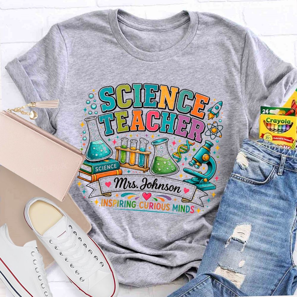 Personalized Name Science Teacher Inspiring Curious Minds Microscope T-shirt