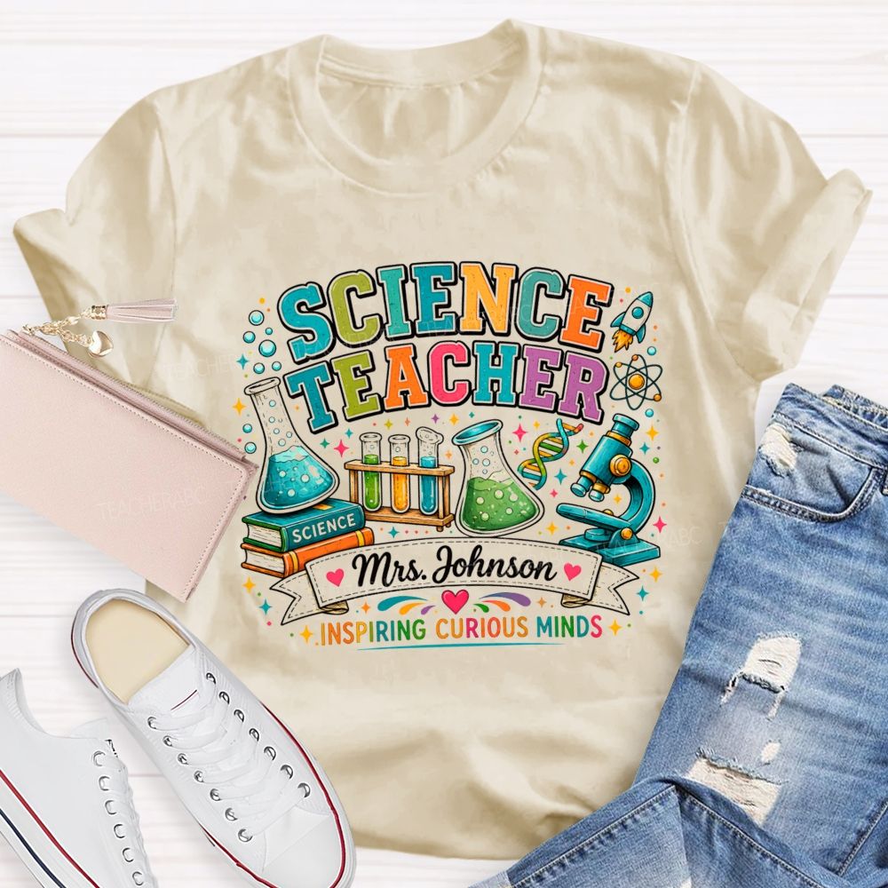 Personalized Name Science Teacher Inspiring Curious Minds Microscope T-shirt