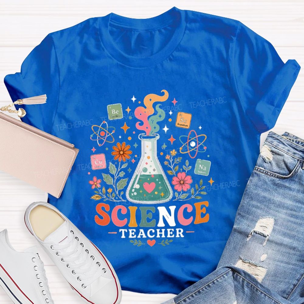 Science Teacher Erlenmeyer Flask Periodic Table Atomic Wildflower Teacher T-shirt
