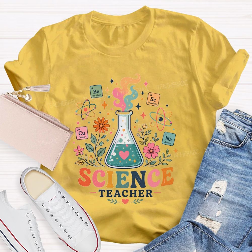 Science Teacher Erlenmeyer Flask Periodic Table Atomic Wildflower Teacher T-shirt