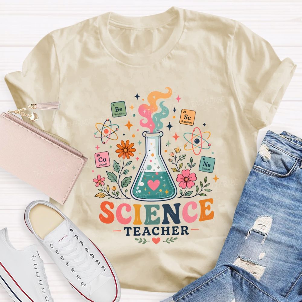 Science Teacher Erlenmeyer Flask Periodic Table Atomic Wildflower Teacher T-shirt
