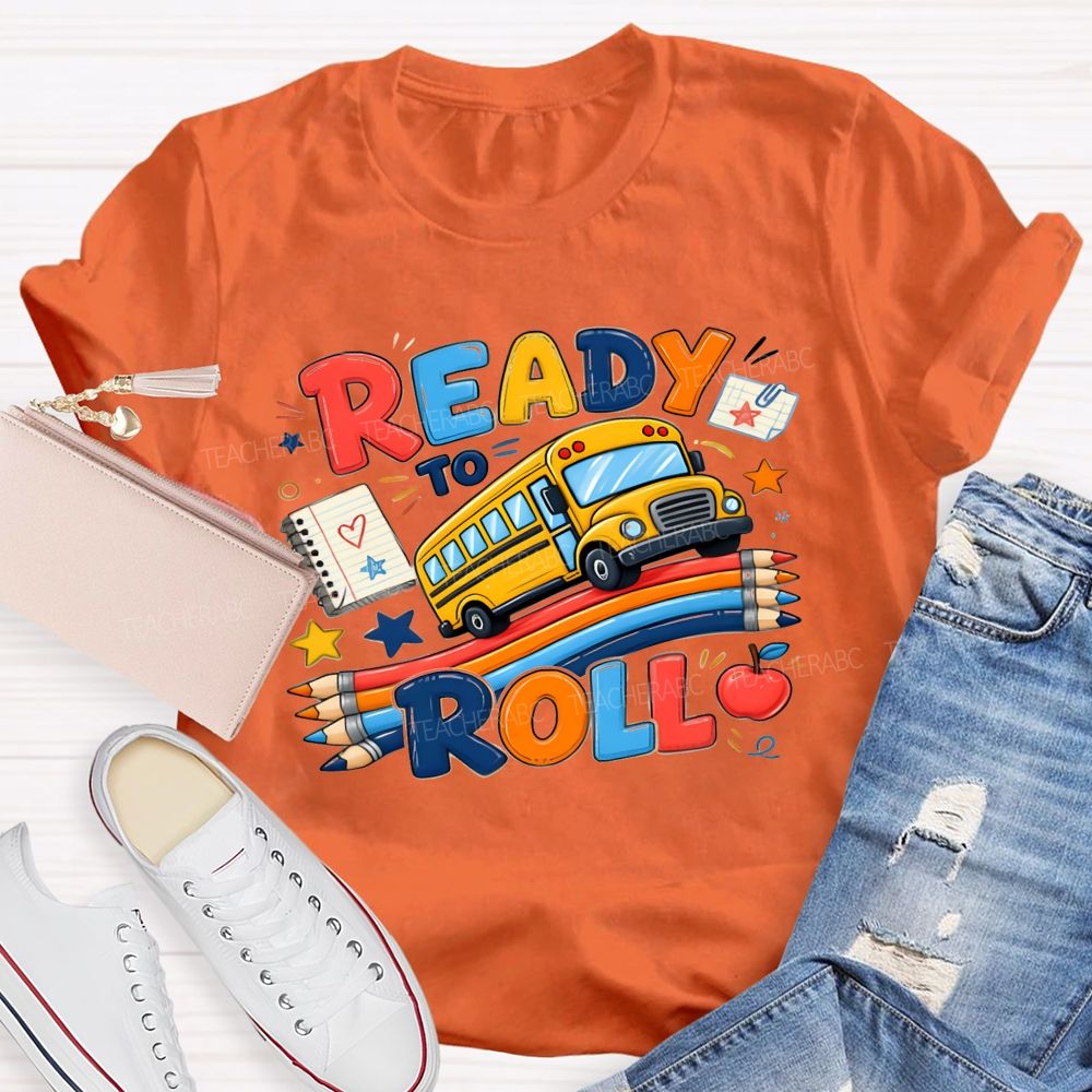 Ready To Roll Yellow School Bus Color Pencil Notebook Apple Star T-shirt