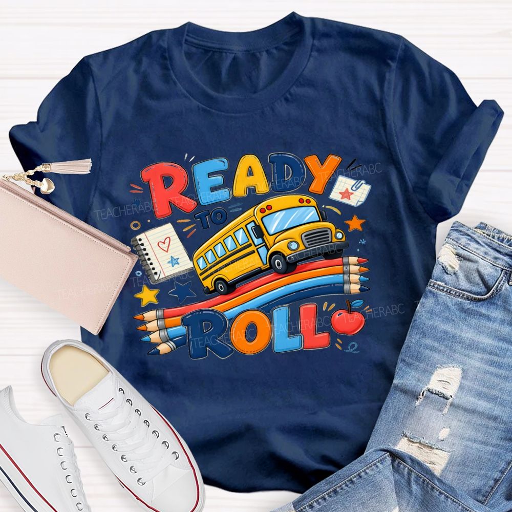 Ready To Roll Yellow School Bus Color Pencil Notebook Apple Star T-shirt