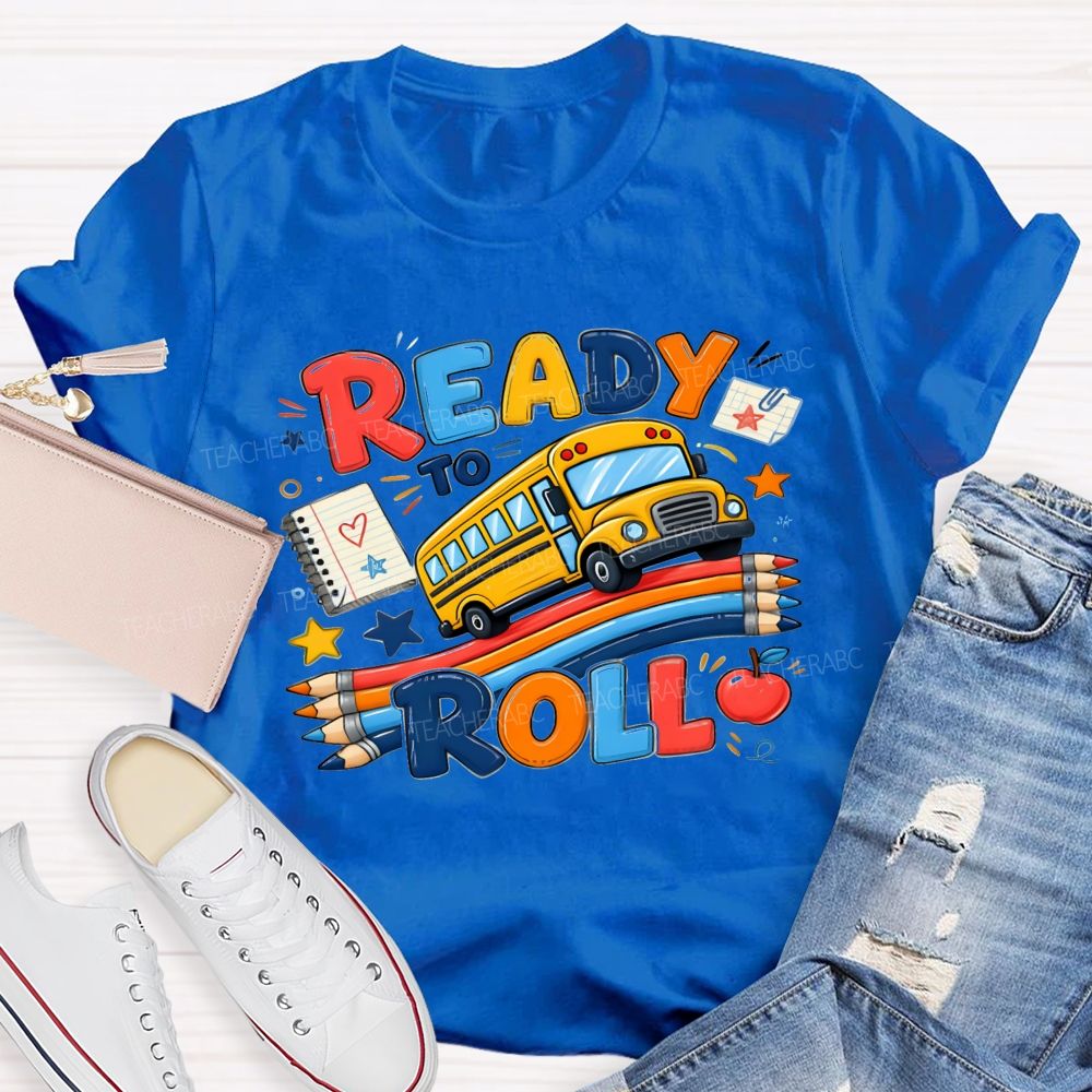 Ready To Roll Yellow School Bus Color Pencil Notebook Apple Star T-shirt