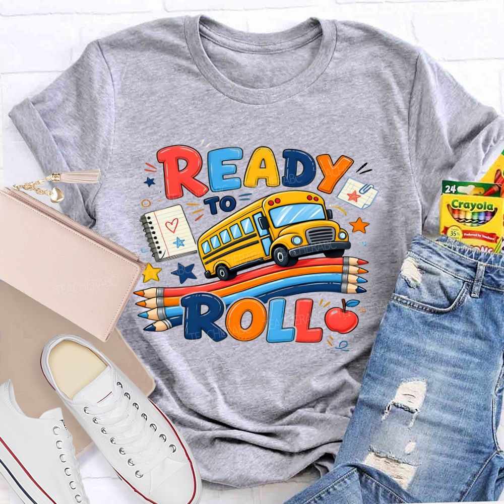 Ready To Roll Yellow School Bus Color Pencil Notebook Apple Star T-shirt