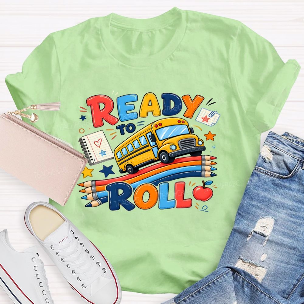 Ready To Roll Yellow School Bus Color Pencil Notebook Apple Star T-shirt