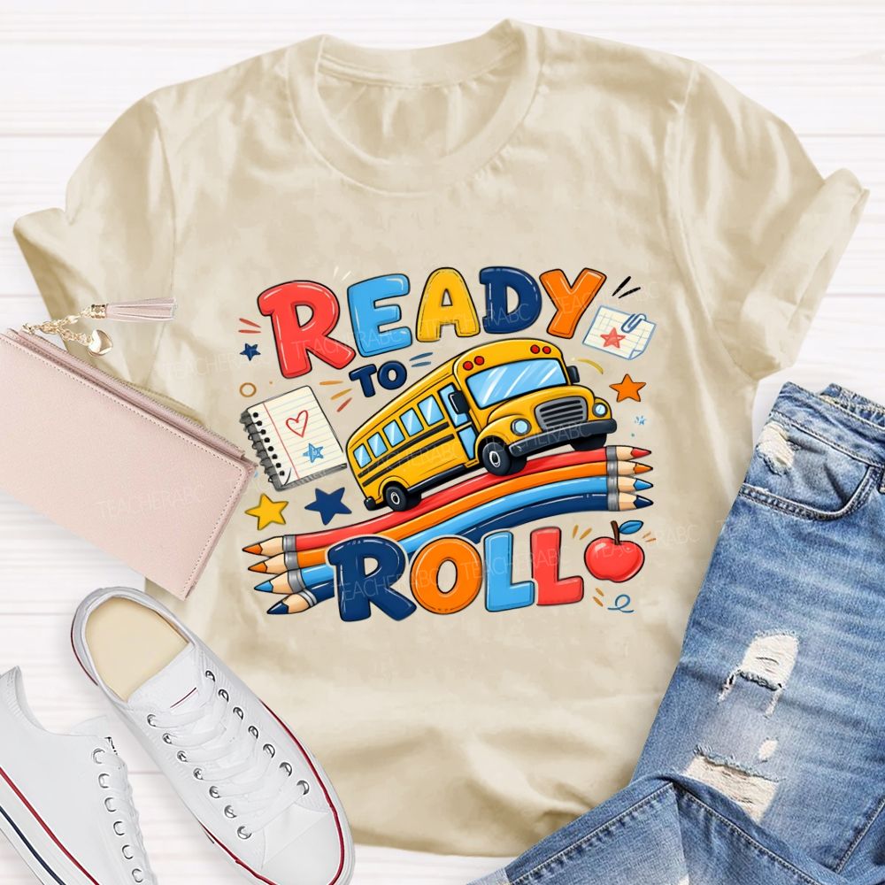 Ready To Roll Yellow School Bus Color Pencil Notebook Apple Star T-shirt