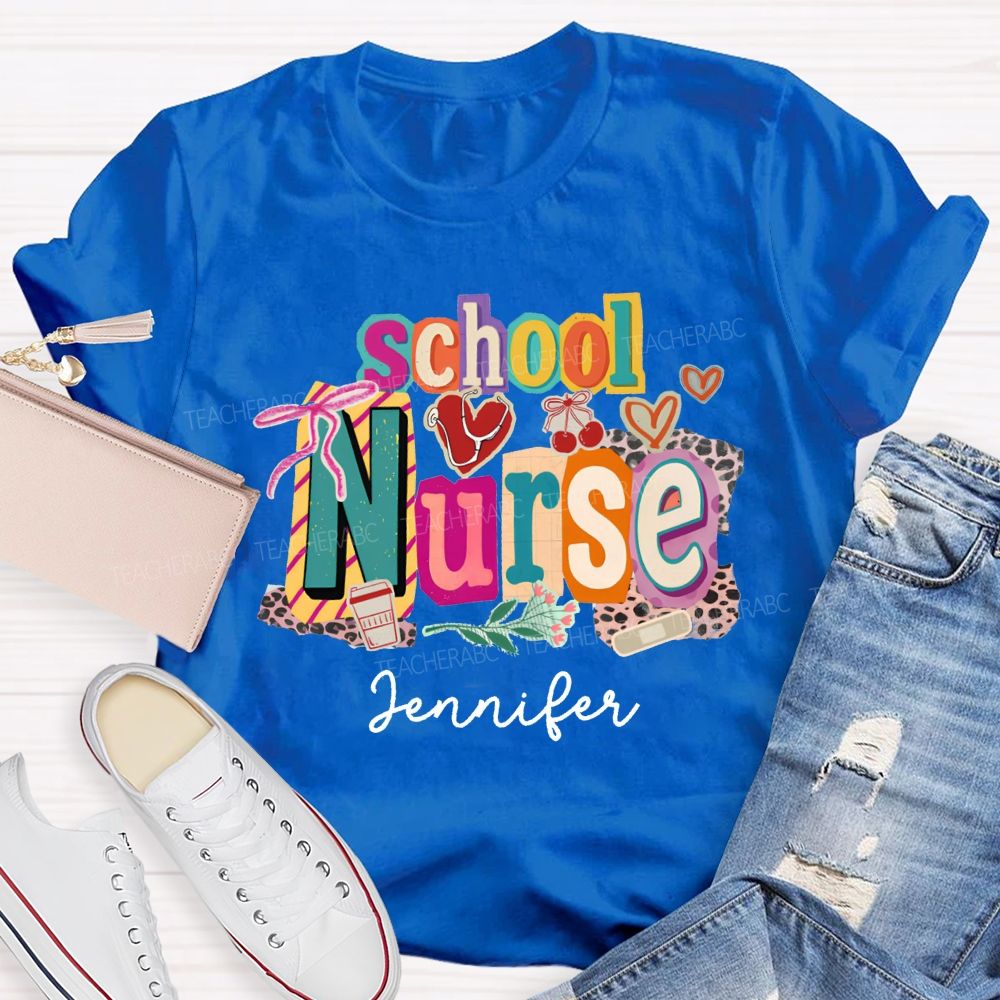 Personalized Name School Nurse Coquette Bow Heart Stethoscope T-shirt