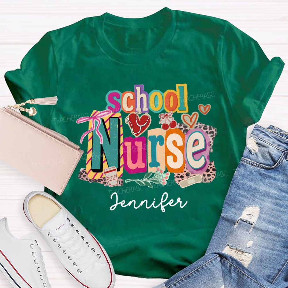 Personalized Name School Nurse Coquette Bow Heart Stethoscope T-shirt
