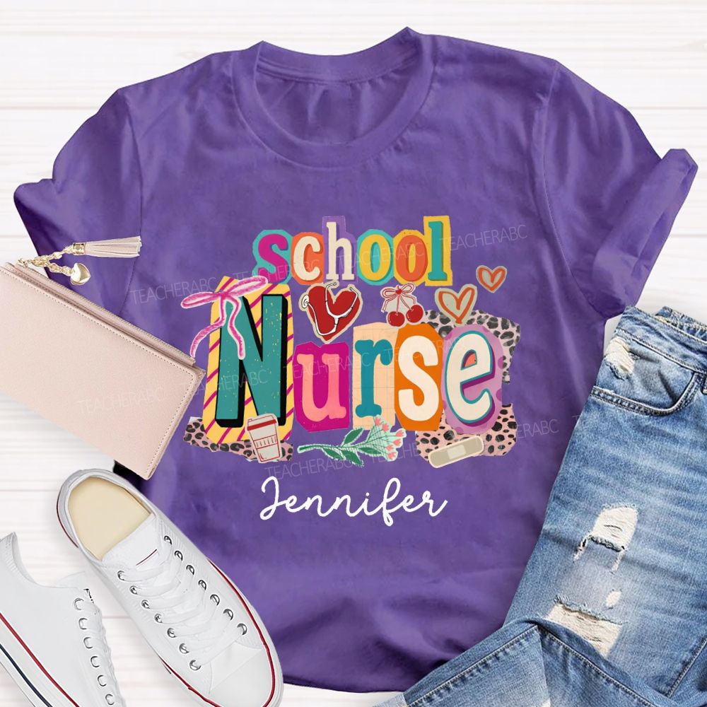 Personalized Name School Nurse Coquette Bow Heart Stethoscope T-shirt