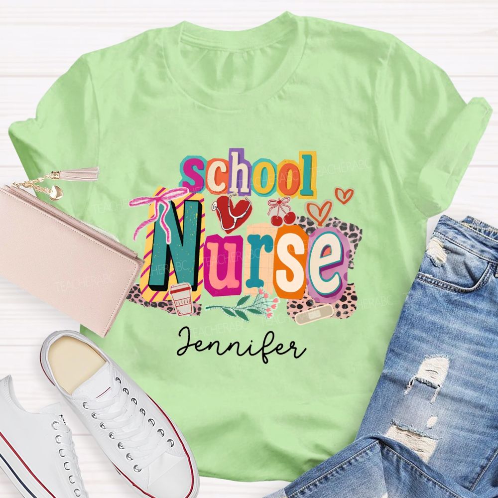 Personalized Name School Nurse Coquette Bow Heart Stethoscope T-shirt