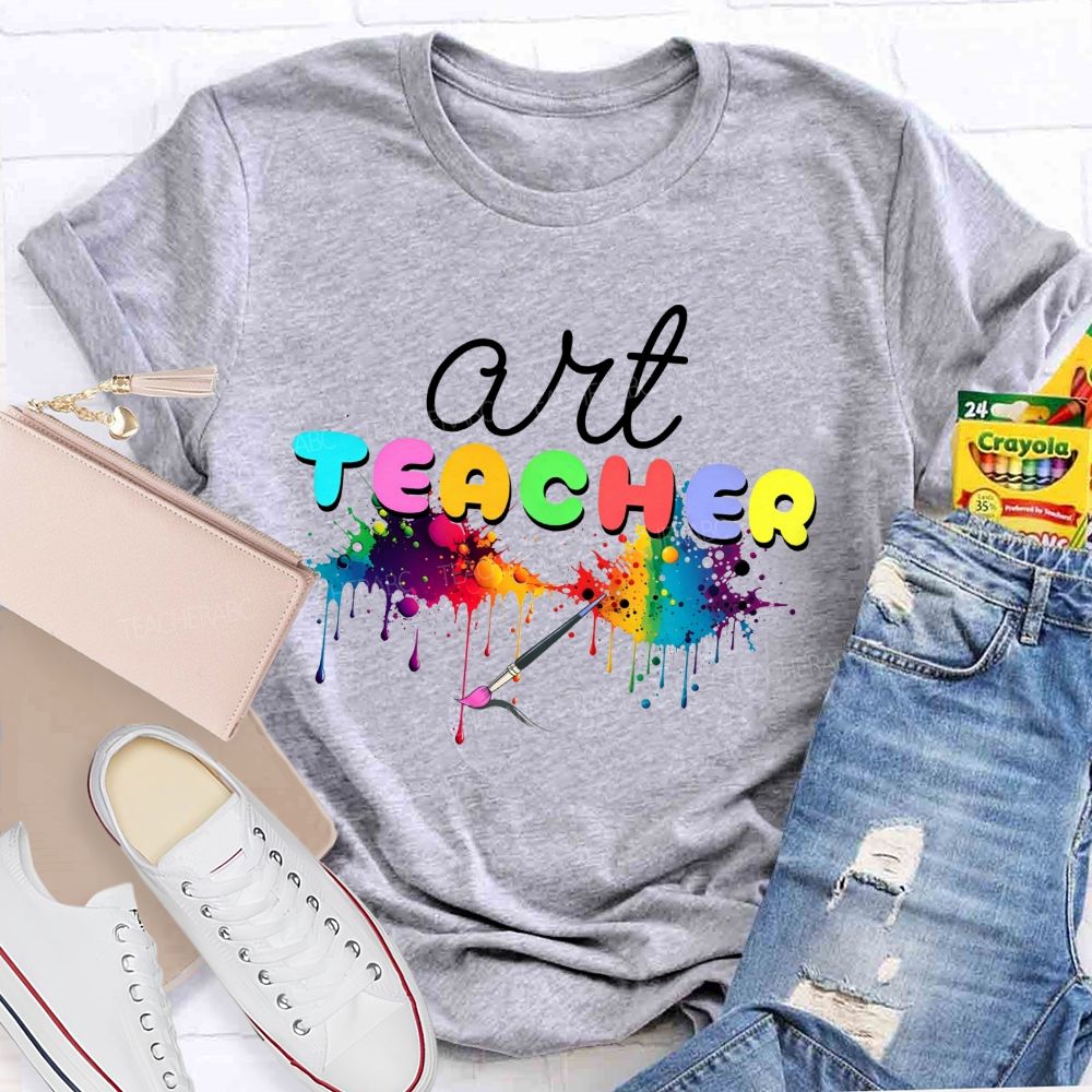 Art Teacher Rainbow Paint Splash Dripping Paint Paint Brush Colorful T-shirt