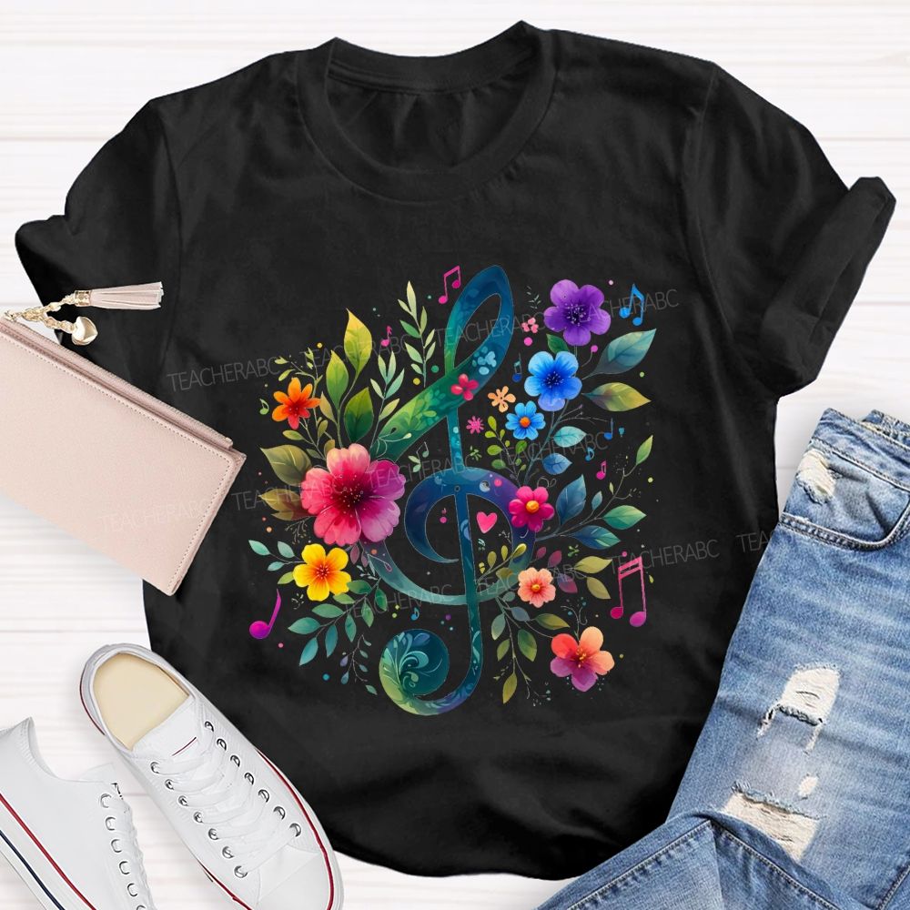 Floral Treble Clef Watercolor Music Note Teacher T-shirt